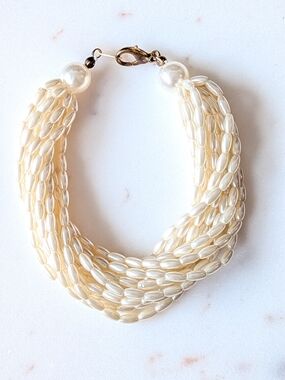 Vintage Style Multi Strand Faux Rice Pearl Layered Statement Bracelet Cream Off